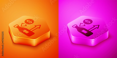 Isometric Reception and sale of glass bottles icon isolated on orange and pink background. Hexagon button. Vector