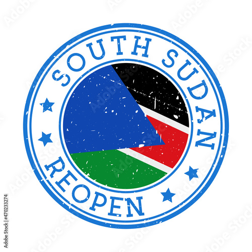 Free Download South Sudan Reopening Stamp. Round badge of country with flag of South Sudan. Reopening after lock-down sign. Vector illustration. - GFXLoad