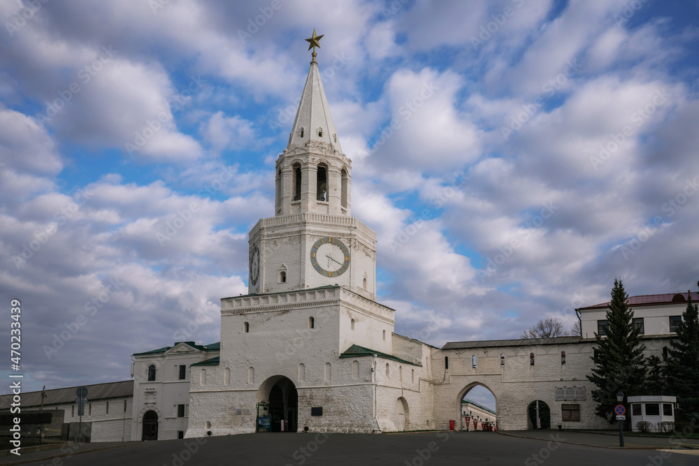 Spasskaya Tower and the entrance to the territory of the Kazan Kremlin on a cloudy spring morning, Kazan, Republic of Tatarstan, Russia