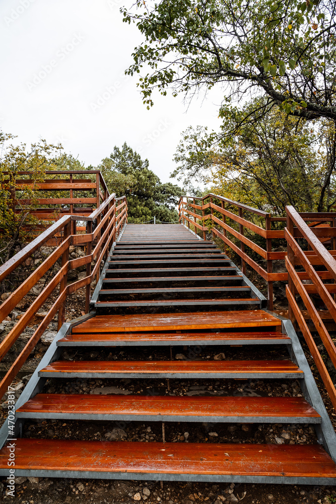 A bright orange metal staircase going up, a park stretches around it. Descent to the river. A bright orange metal staircase going up, a park stretches around it. Descent to the river.