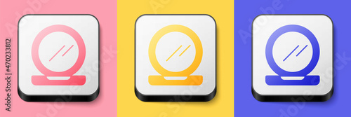 Isometric Makeup powder with mirror icon isolated on pink, yellow and blue background. Square button. Vector