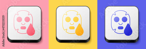 Isometric Facial cosmetic mask icon isolated on pink, yellow and blue background. Cosmetology, medicine and health care. Square button. Vector