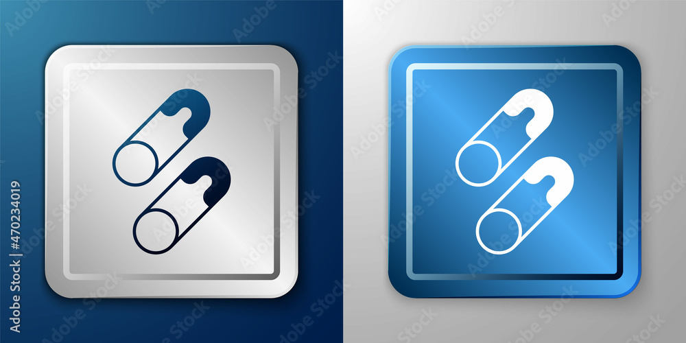 White Classic closed steel safety pin icon isolated on blue and grey background. Silver and blue square button. Vector White Classic closed steel safety pin icon isolated on blue and grey background. Silver and blue square button. Vector
