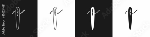 Set Needle for sewing with thread icon isolated on black and white background. Tailor symbol. Textile sew up craft sign. Embroidery tool. Vector