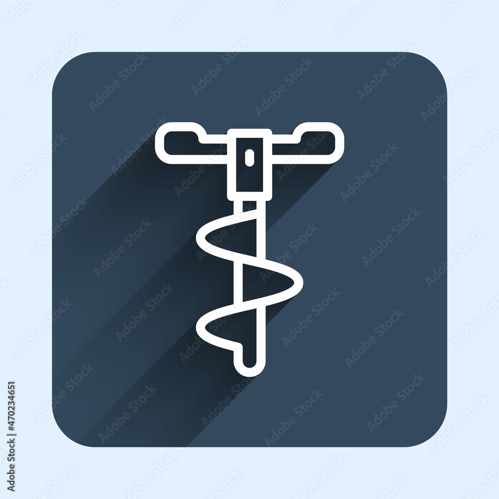 White line Hand ice drill for winter fishing icon isolated with long shadow background. Blue square button. Vector White line Hand ice drill for winter fishing icon isolated with long shadow background. Blue square button. Vector