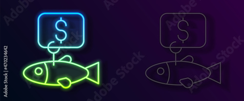 Glowing neon line Price tag for fish icon isolated on black background. Vector
