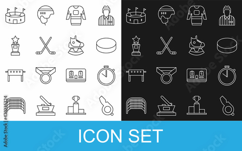 Set line Whistle, Stopwatch, Hockey puck, jersey, Ice hockey sticks, Award cup, stadium and Skates icon. Vector