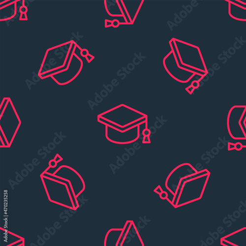 Red line Graduation cap icon isolated seamless pattern on black background. Graduation hat with tassel icon. Vector