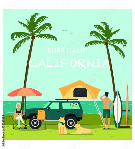 surf camp with people, dog and camper van on beach view