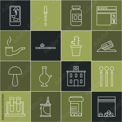 Set line Plastic bag of drug, Matches, Cocaine and credit card, Medicine bottle pills, Opium pipe, Smoking, Buying drugs online on phone and Cactus peyote pot icon. Vector