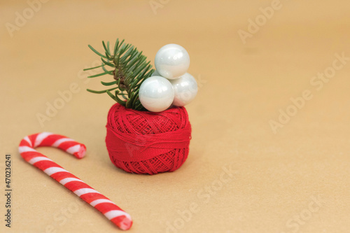 Sugar cane next to curly red embroidery thread with white pearls and green herb inside