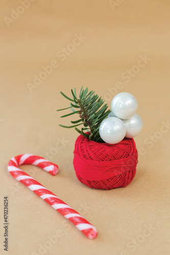 Sugar cane next to curly red embroidery thread with white pearls and green herb inside