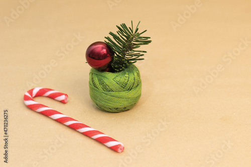 Sugar cane next to curly green embroidery thread with purple pearl and green herb inside
