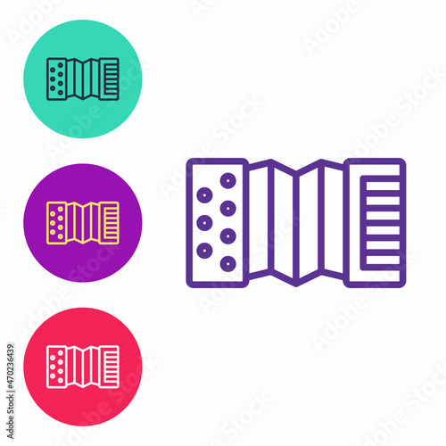 Set line Musical instrument accordion icon isolated on white background. Classical bayan, harmonic. Set icons colorful. Vector