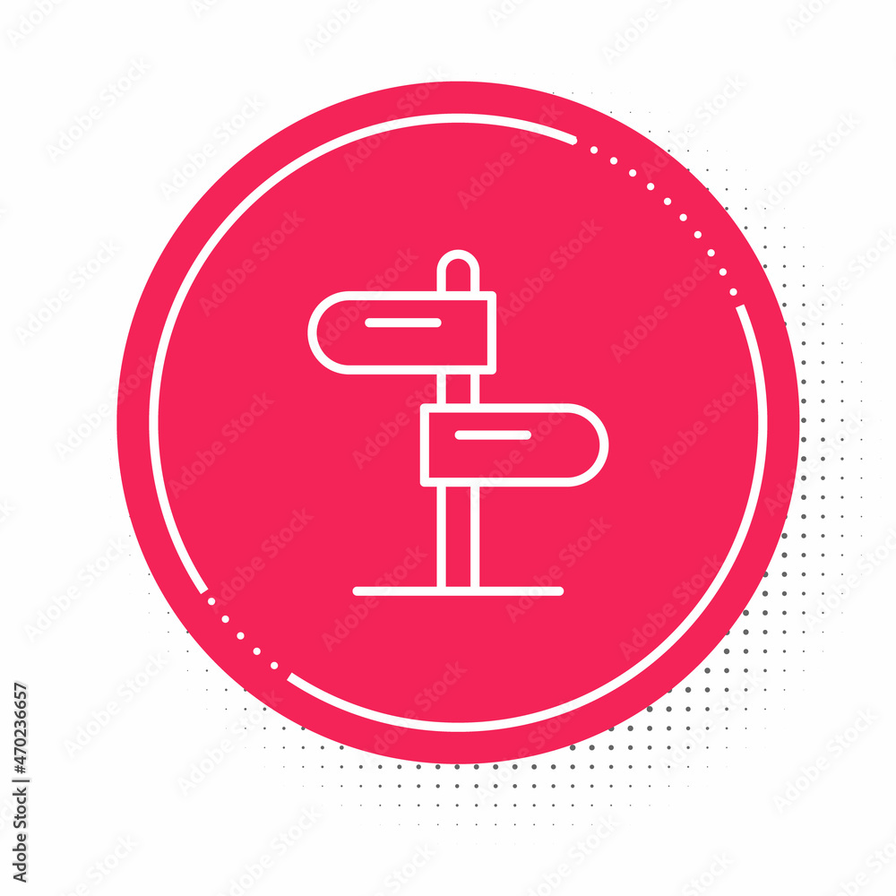 White line Road traffic sign. Signpost icon isolated on white background. Pointer symbol. Isolated street information sign. Direction sign. Red circle button. Vector White line Road traffic sign. Signpost icon isolated on white background. Pointer symbol. Isolated street information sign. Direction sign. Red circle button. Vector