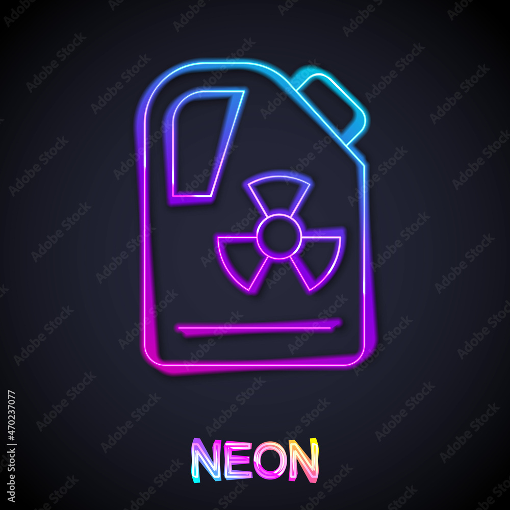 Glowing neon line Radioactive waste in barrel icon isolated on black background. Toxic refuse keg. Radioactive garbage emissions, environmental pollution. Vector Glowing neon line Radioactive waste in barrel icon isolated on black background. Toxic refuse keg. Radioactive garbage emissions, environmental pollution. Vector