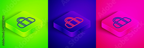 Isometric line Sport bag icon isolated on green, blue and pink background. Square button. Vector