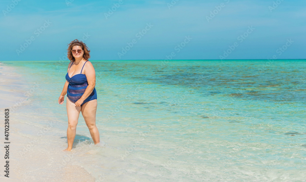 Plus size American woman at beach, enjoy the life. Life of people xxl size, happy nice natural beauty woman