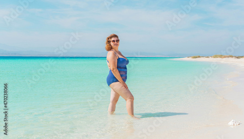 Plus size American woman at beach  enjoy the life. Life of people xxl size  happy nice natural beauty woman