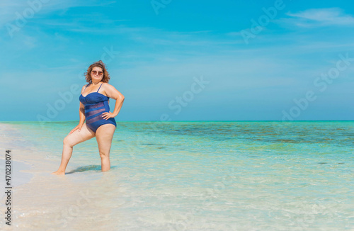 Plus size American woman at beach, enjoy the life. Life of people xxl size, happy nice natural beauty woman