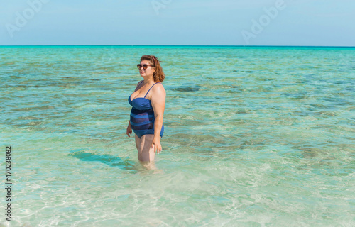 Plus size American woman at beach, enjoy the life. Life of people xxl size, happy nice natural beauty woman © T.Den_Team