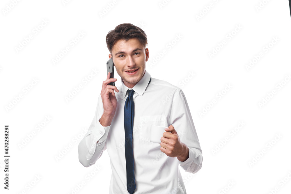 manager a cup of coffee talking on the phone official isolated background manager a cup of coffee talking on the phone official isolated background