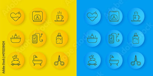 Set line Stack hot stones, Bathtub, Music player, Scissors, Spa salt, Heart heal, Cup of tea with tea bag and Aroma lamp icon. Vector