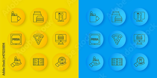 Set line Online ordering and delivery, Pizza cardboard box, Slice of pizza, Cafe restaurant location and burger icon. Vector