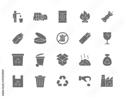 Set of Garbage Grey Icons. Waste Factory, Trash Truck, Container and more.