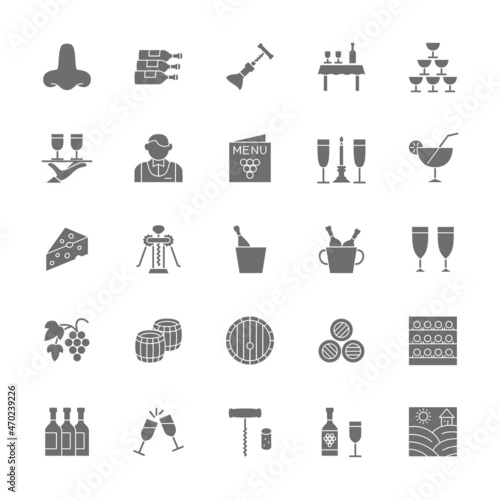 Set of Wine Grey Icons. Alcohol Menu, Cocktail, Corkscrew, Waiter and more.