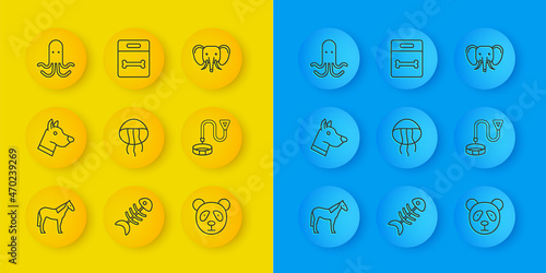 Set line Horse, Dog head, Jellyfish, Cute panda face, Collar with name tag, Octopus, Elephant and bone icon. Vector photo