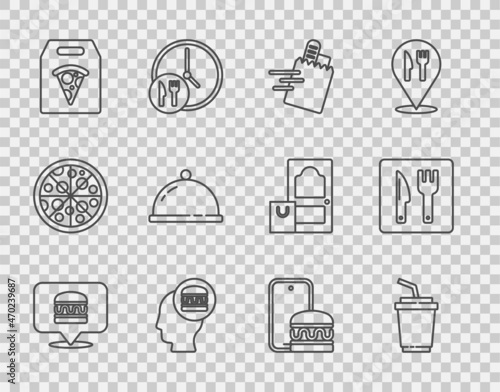 Set line Online ordering burger delivery, Paper glass with water, and, pizza, Covered tray of food, and Cafe restaurant location icon. Vector