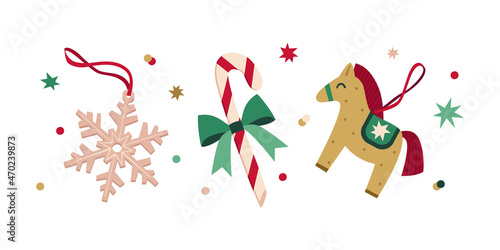 Set of vector Christmas décor in flat style. Christmas stylish set of Christmas toys, candy cane, snowflake, stars and confetti. New Year decoration.