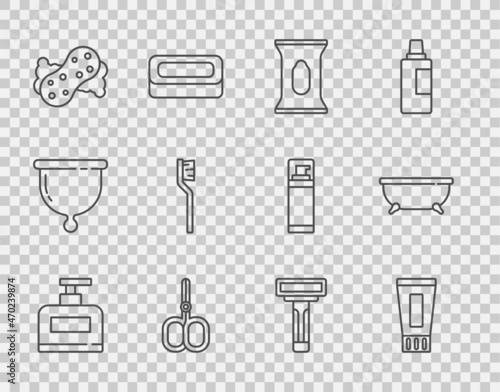 Set line Bottle of shampoo, Tube toothpaste, Wet wipe pack, Nail scissors, Sponge, Toothbrush, Shaving razor and Bathtub icon. Vector