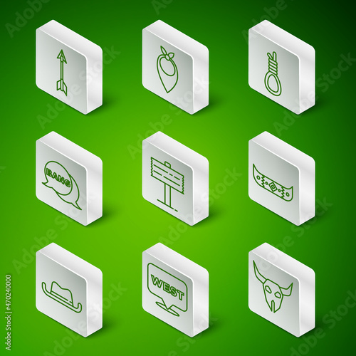 Set line Buffalo skull, Pointer to wild west, Crossed arrows, Road traffic signpost, Bang boom, gun Comic, Cowboy bandana, Western cowboy hat and Kayak or canoe paddle icon. Vector