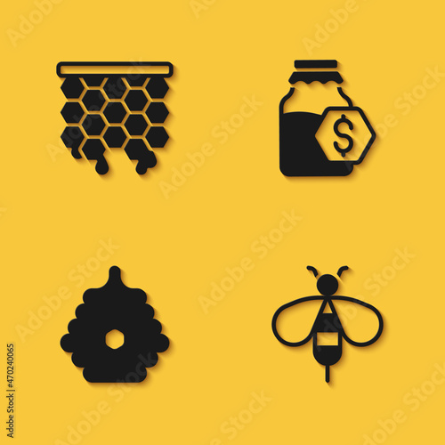Set Honeycomb, Bee, Hive for bees and Sale in jar of honey icon with long shadow. Vector