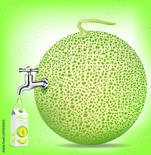 Fruit juice distilled from cantaloupe with water tap.juice package box .illustration vector