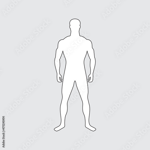 Symmetrical male silhouette. White male figure with black outline. Full-length man. Proportionally folded body. Character with developed muscular delineation. Slender tall guy. Adult vector personage. photo