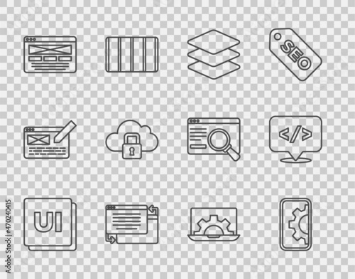 Set line UI or UX design, Web development, Layers, Cloud computing lock, and Front end icon. Vector