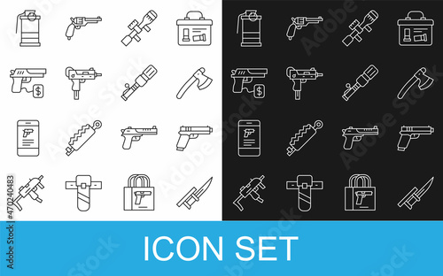 Set line Bayonet on rifle, Pistol or gun, Wooden axe, Sniper optical sight, UZI submachine, Buying pistol, Hand smoke grenade and Anti-tank hand icon. Vector