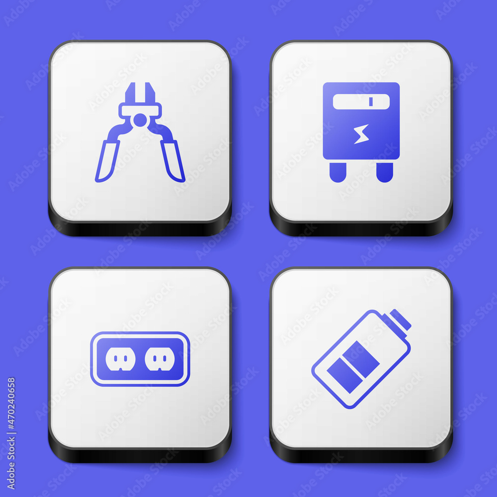 Set Pliers tool, Electric meter, Electrical outlet and Battery charge icon. White square button. Vector Set Pliers tool, Electric meter, Electrical outlet and Battery charge icon. White square button. Vector