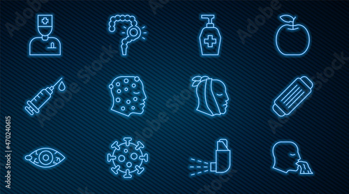 Set line Vomiting man, Medical protective mask, Liquid antibacterial soap, Psoriasis or eczema rash, Syringe, Male doctor, Toothache and Gut constipation icon. Vector