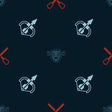 Set Burning match with fire, Deer antlers on shield and Medieval bow and arrow on seamless pattern. Vector