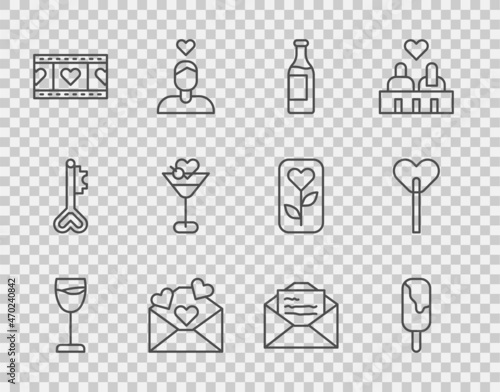 Set line Wine glass, Ice cream, bottle, Envelope with Valentine heart, Play Video, Martini, Greeting card and Lollipop icon. Vector
