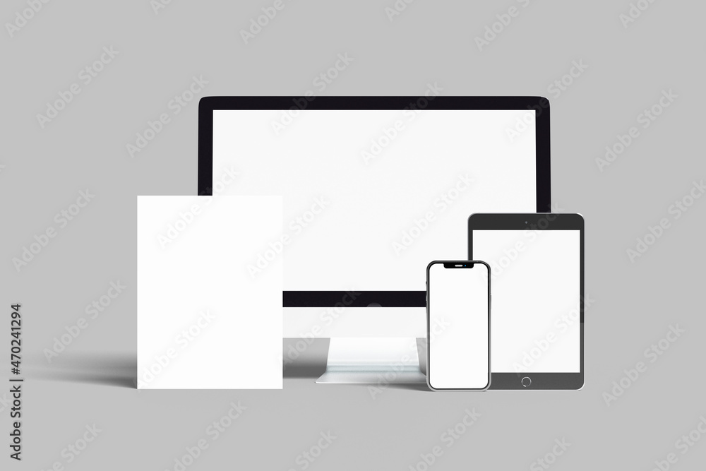 Mockup of Realistic Computer, Monitor, Laptop, Tablet and smartphone with blank screen Isolated on white background. Set of Device Mockup Separate Groups and Layers. Easily Editable Mockup of Realistic Computer, Monitor, Laptop, Tablet and smartphone with blank screen Isolated on white background. Set of Device Mockup Separate Groups and Layers. Easily Editable