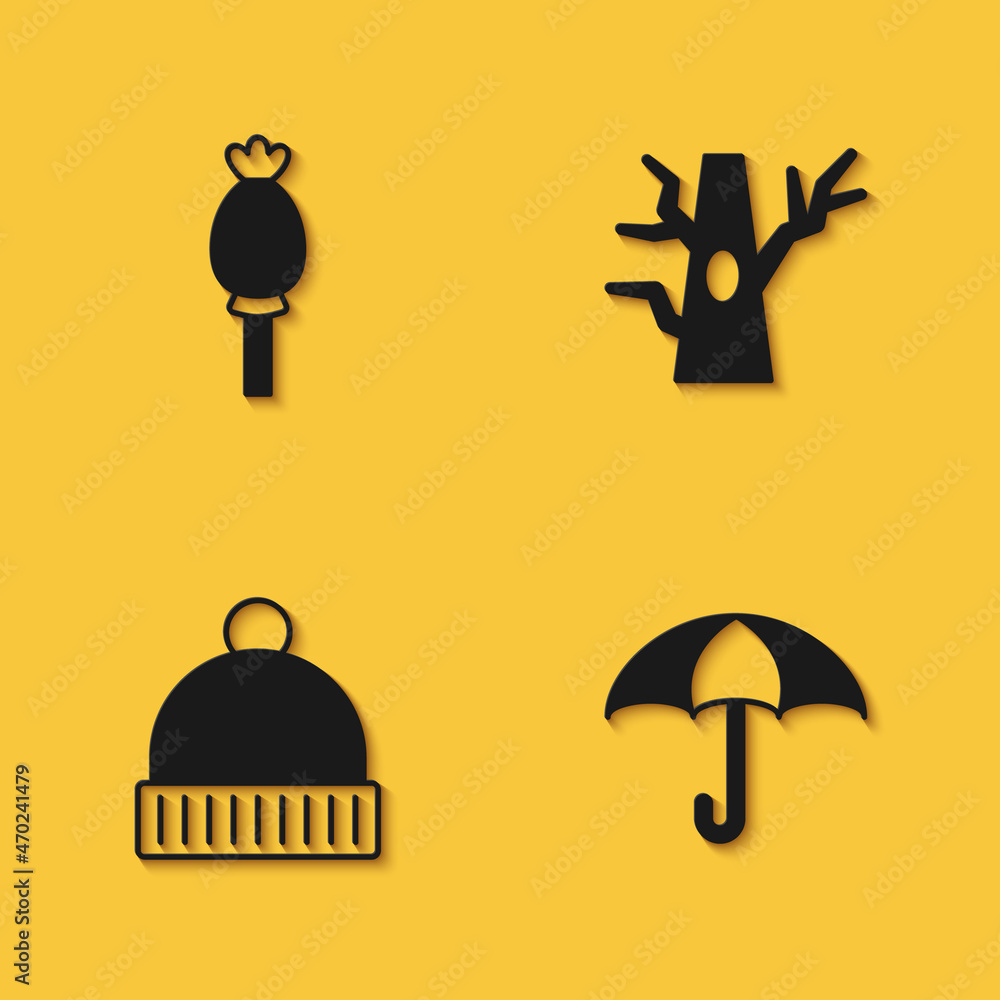 Set Opium poppy, Umbrella, Winter hat and Bare tree icon with long shadow. Vector Set Opium poppy, Umbrella, Winter hat and Bare tree icon with long shadow. Vector