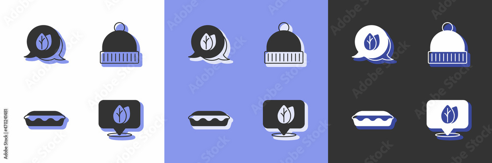Set Location with leaf, Leaf, Homemade pie and Winter hat icon. Vector