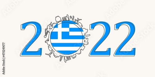 2022 year number with industrial icons around zero digit. Flag of Greece.