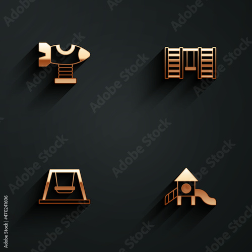Set Swing plane, Swedish wall, for kids and Slide playground icon with long shadow. Vector
