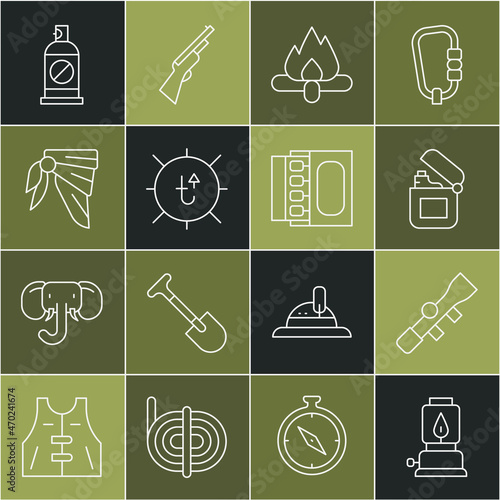 Set line Camping lantern, Sniper optical sight, Lighter, Campfire, Sun, Bandana or biker scarf, Spray against insects and Matchbox matches icon. Vector